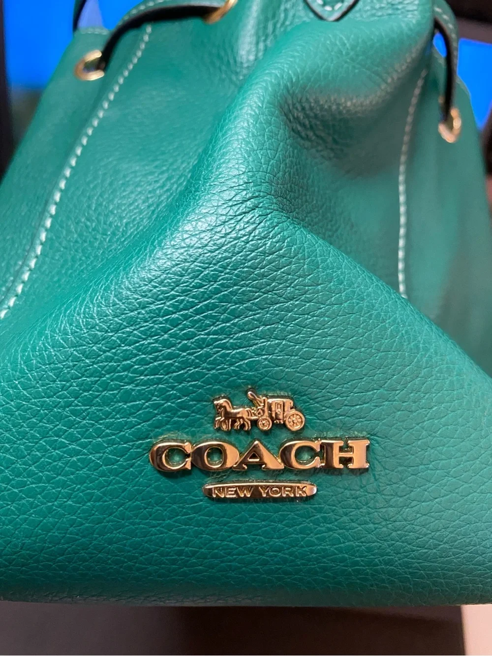 Coach Everly Jade Green Leather Drawstring Bucket Bag, Tassel w/ gold hardware